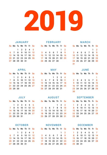 Beyaz arka plan üzerinde 2019 yıl için takvim. Hafta Pazar günü başlar. 3 sütun, 4 satır. Basit takvim vektör tasarım öğesi afiş, el ilanı, planlayıcısı, kart için. İleti örneği tasarım şablonu