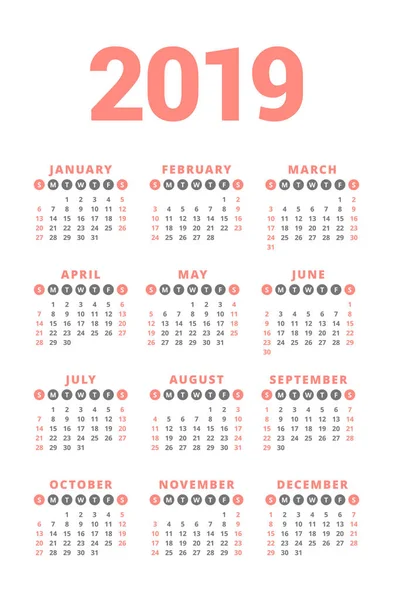 Kalendář Rok 2019 Bílém Pozadí Týden Začíná Neděli Sloupce Řádky — Stockový vektor