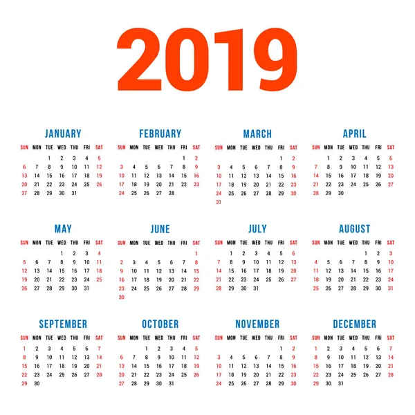 Calendário Para 2019 Ano Fundo Branco Semana Começa Domingo Colunas —  Vetores de Stock