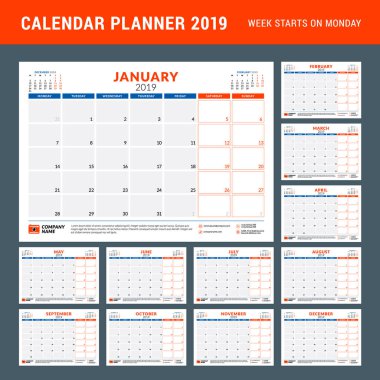 2019 yıl için Takvim Planlayıcısı. İleti örneği tasarım şablonu. Vektör çizim. Hafta Pazartesi günü başlar
