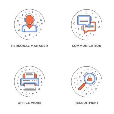 Kişisel yönetimi, iletişim, ofis işleri, işe alım. 4 düz çizgi simgeler kümesi. Düz hat illüstrasyon kavramı web afiş ve basılı malzemeler için. Vektör çizim