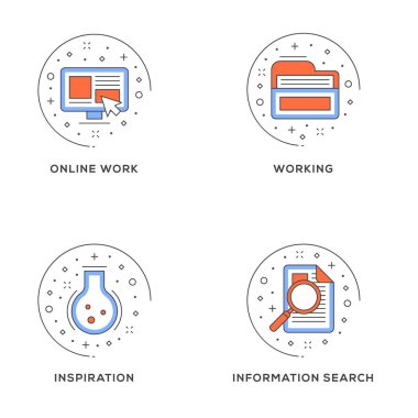 Online iş, çalışma, ilham, bilgi arama. 4 düz çizgi simgeler kümesi. Düz hat illüstrasyon kavramı web afiş ve basılı malzemeler için. Vektör çizim