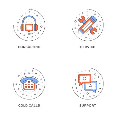 Danışmanlık, hizmet, soğuk arama, destekler. 4 düz çizgi simgeler kümesi. Düz hat illüstrasyon kavramı web afiş ve basılı malzemeler için. Vektör çizim