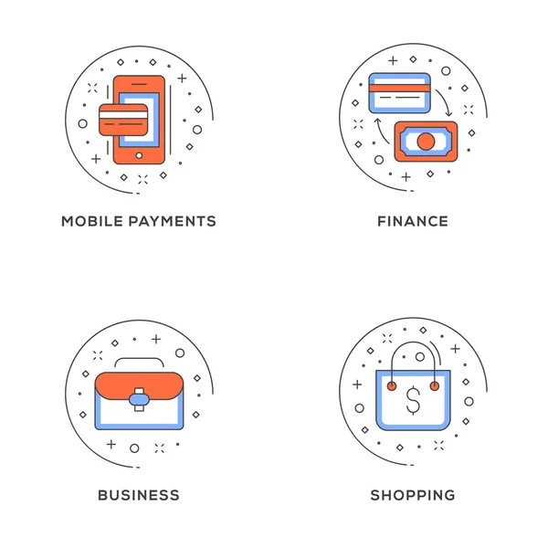 Paiements Mobiles Finance Affaires Shopping Ensemble Icônes Ligne Plate Concept — Image vectorielle