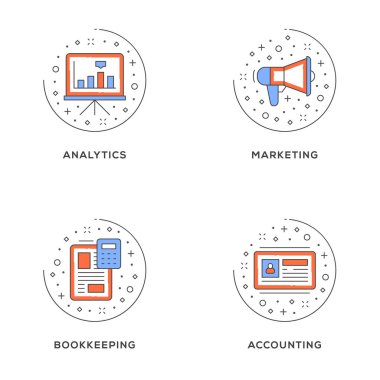 Analytics, pazarlama, muhasebe, muhasebe. 4 düz çizgi simgeler kümesi. Düz hat illüstrasyon kavramı web afiş ve basılı malzemeler için. Vektör çizim