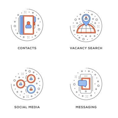 Kişileri, pozisyon arama, sosyal medya, mesajlaşma. 4 düz çizgi simgeler kümesi. Düz hat illüstrasyon kavramı web afiş ve basılı malzemeler için. Vektör çizim