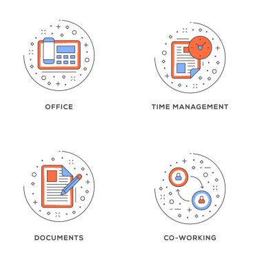 Office, zaman yönetimi, belgeler, ortak çalışma. 4 düz çizgi simgeler kümesi. Düz hat illüstrasyon kavramı web afiş ve basılı malzemeler için. Vektör çizim