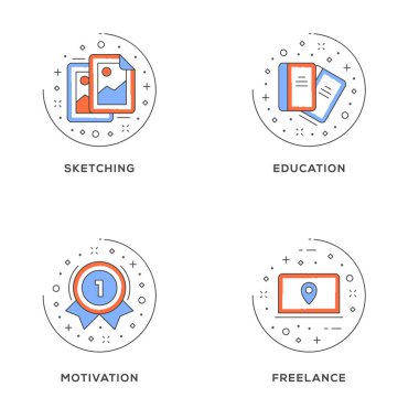 Çizim, eğitim, motivasyon, serbest. 4 düz çizgi simgeler kümesi. Düz hat illüstrasyon kavramı web afiş ve basılı malzemeler için. Vektör çizim
