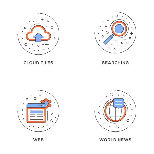 Fichiers Cloud Recherche Web Nouvelles Monde Ensemble Icônes Ligne Plate — Image vectorielle