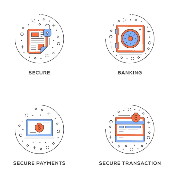 Secure Banking Secure Payments Secure Transaction Set Flat Line Icons — Stock Vector