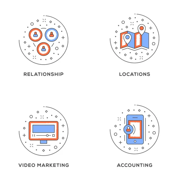 Relación Ubicaciones Video Marketing Contabilidad Conjunto Iconos Línea Plana Concepto — Vector de stock