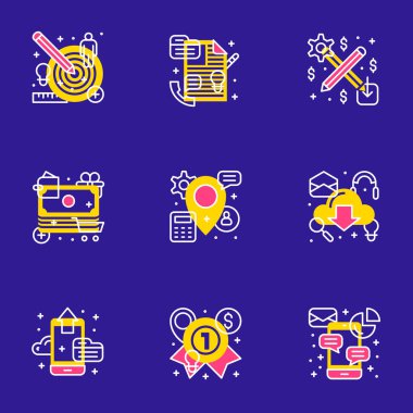 9 düz çizgi iş simgeler kümesi. Düz hat illüstrasyon kavramı web afiş ve basılı malzemeler için. Vektör çizim