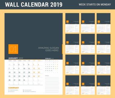 Duvar takvimi planlayıcısı şablonunu 2019 yıl için. 12 ay kümesi. Hafta Pazartesi günü başlar. Vektör çizim