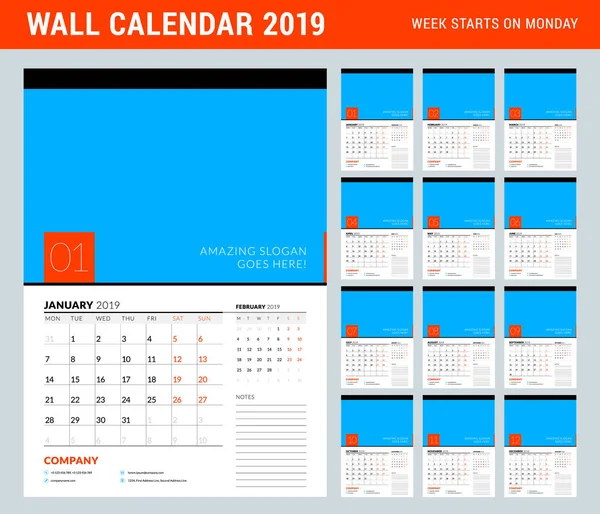Πρότυπο Planner Ημερολογίου Τοίχου Για Έτος 2019 Σετ Των Μηνών — Διανυσματικό Αρχείο