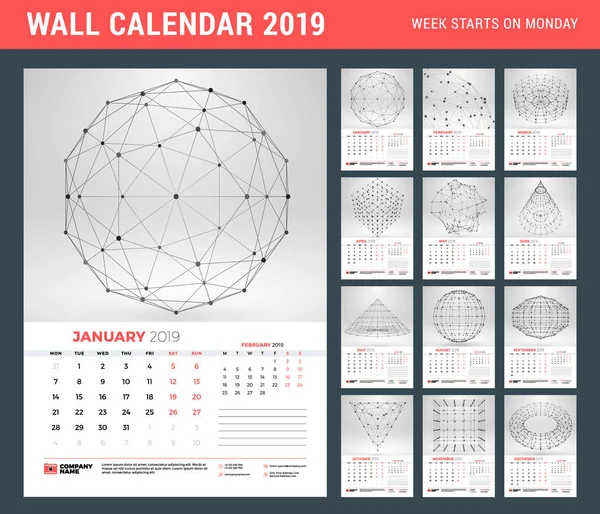 Πρότυπο Ημερολόγιο Τοίχου Για 2019 Έτος Αφηρημένα Γεωμετρικά Φόντο Εβδομάδα — Διανυσματικό Αρχείο