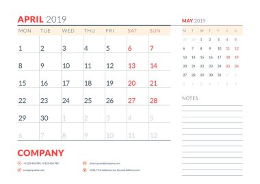 Nisan 2019. Hafta Pazartesi günü başlar. Takvim Planlayıcısı ileti örneği tasarım şablonu. Vektör çizim