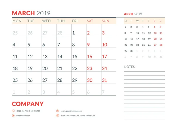Marca 2019 Tydzień Rozpoczyna Się Poniedziałek Kalendarz Terminarz Papeterii Szablon — Wektor stockowy