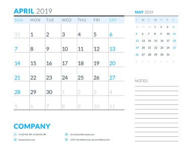 Nisan 2019. Hafta Pazar günü başlar. Takvim Planlayıcısı ileti örneği tasarım şablonu. Vektör çizim