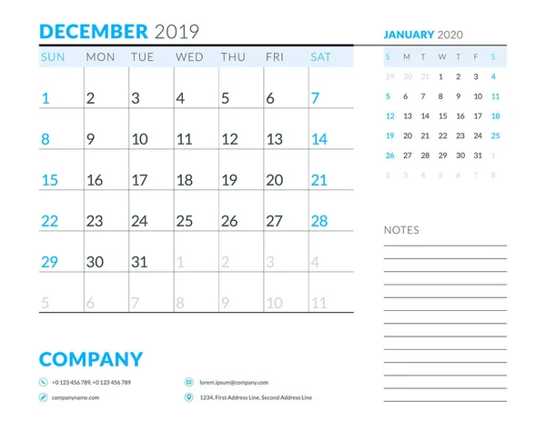 Dezembro 2019 Semana Começa Domingo Modelo Design Papelaria Planejador Calendário — Vetor de Stock