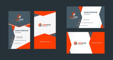 Çift taraflı yaratıcı kartvizit şablonu. Dikey ve yatay yönlendirme. Yatay ve dikey düzen. Kırmızı ve siyah renk teması. Vektör çizim