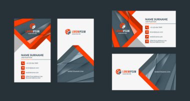 Çift taraflı yaratıcı kartvizit şablonu. Dikey ve yatay yönlendirme. Yatay ve dikey düzen. Kırmızı ve siyah renk teması. Vektör çizim