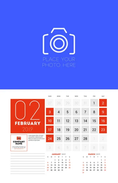 Plantilla Planificador Calendario Pared Para Febrero 2019 Semana Comienza Domingo — Archivo Imágenes Vectoriales