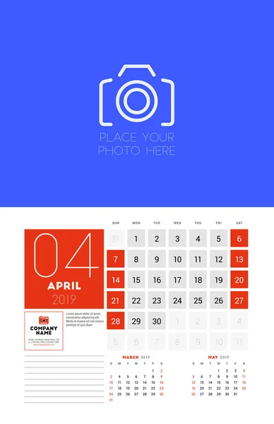 Wall Calendar Planner Template April 2019 Week Starts Sunday Vector — Stock Vector