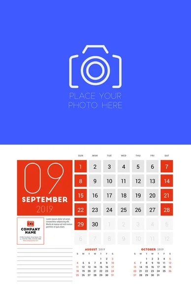 Τοίχο Ημερολόγιο Planner Πρότυπο Για Σεπτεμβρίου 2019 Εβδομάδα Ξεκινά Την — Διανυσματικό Αρχείο
