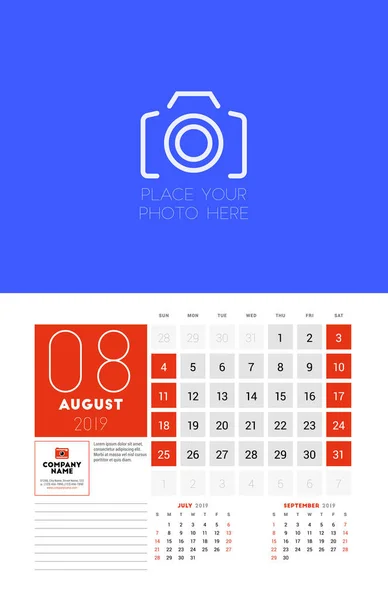 Wall Calendar Planner Template August 2019 Week Starts Sunday Vector — Stock Vector