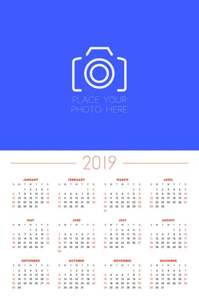 Plantilla Calendario Pared Para 2019 Año Semana Comienza Domingo Ilustración — Vector de stock