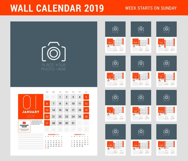 Plantilla Planificador Calendario Pared Para 2019 Año Conjunto Meses Semana — Vector de stock