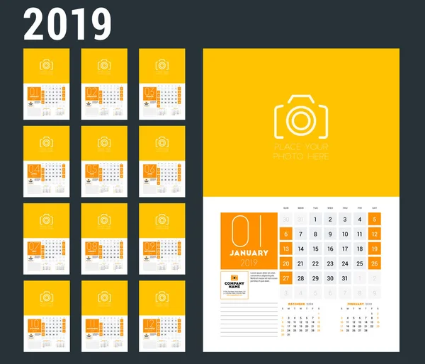 Vägg Kalendermall Planner För 2019 Set Med Månader Veckan Börjar — Stock vektor