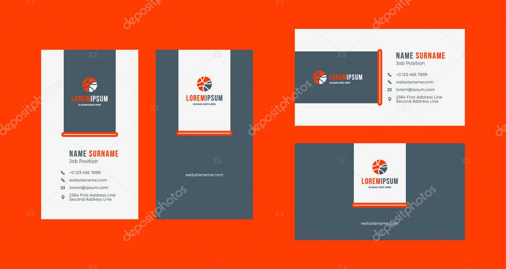 Double-sided creative business card template. Portrait and landscape orientation. Horizontal and vertical layout. Red and black color theme. Vector illustration