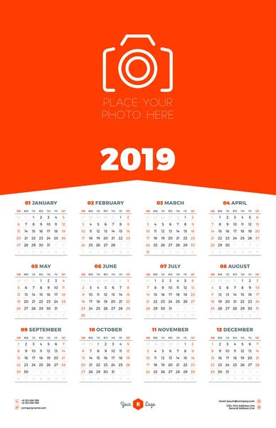 Kalenderentwurf Vorlage Für 2019 Jahr Die Woche Beginnt Sonntag Schreibwarendesign — Stockvektor