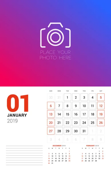 Plantilla Planificador Calendario Pared Para Enero 2019 Semana Comienza Domingo — Vector de stock