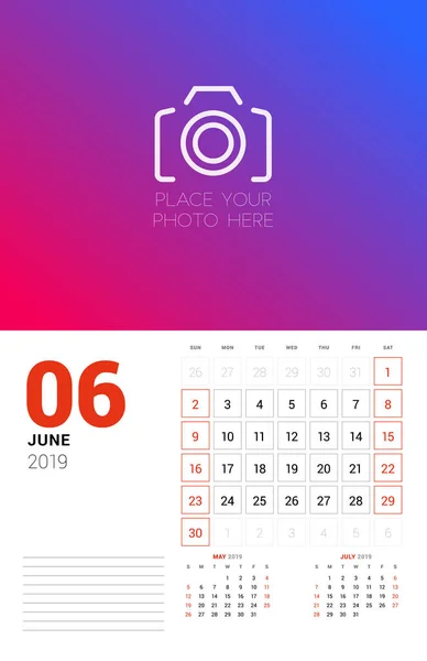 Шаблон Планировщика Календаря Июнь 2019 Года Неделя Начинается Воскресенье Векторная — стоковый вектор