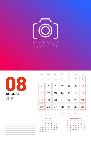 Wall Calendar Planner Template August 2019 Week Starts Sunday Vector — Stock Vector