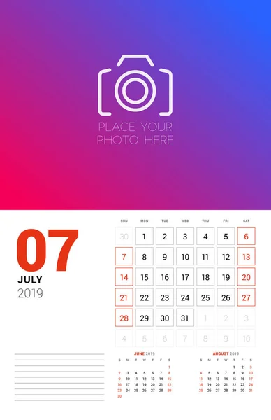 Wall Calendar Planner Template July 2019 Week Starts Sunday Vector — Stock Vector