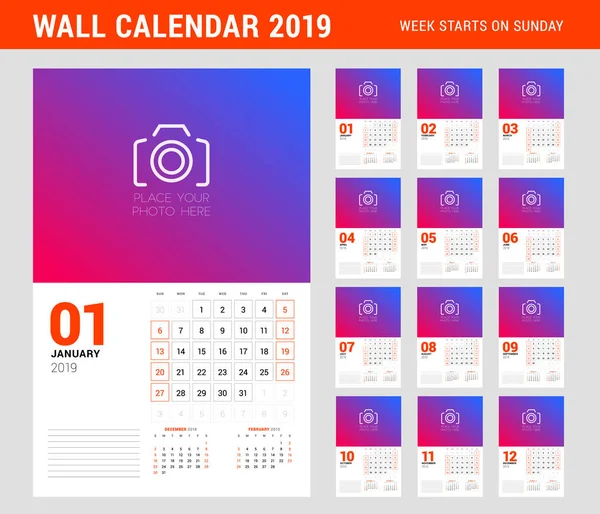 Modelo Planejador Calendário Parede Para 2019 Ano Conjunto Meses Semana — Vetor de Stock