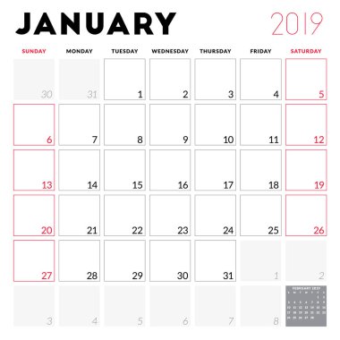Takvim planlayıcısı Ocak 2019 için. Hafta Pazar günü başlar. Yazdırılabilir vektör ileti örneği tasarım şablonu