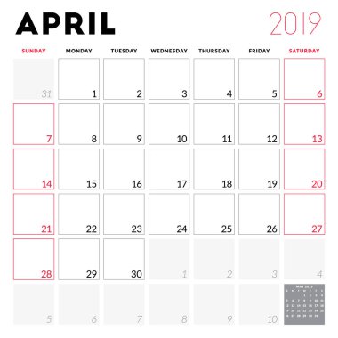 Nisan 2019 için takvim planlayıcısı. Hafta Pazar günü başlar. Yazdırılabilir vektör ileti örneği tasarım şablonu