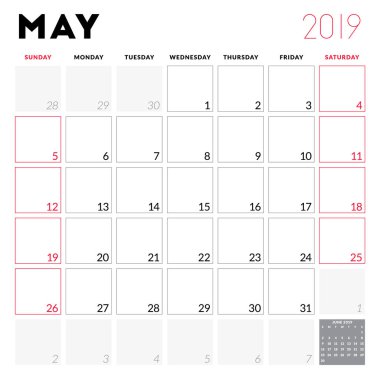Mayıs 2019 için takvim planlayıcısı. Hafta Pazar günü başlar. Yazdırılabilir vektör ileti örneği tasarım şablonu
