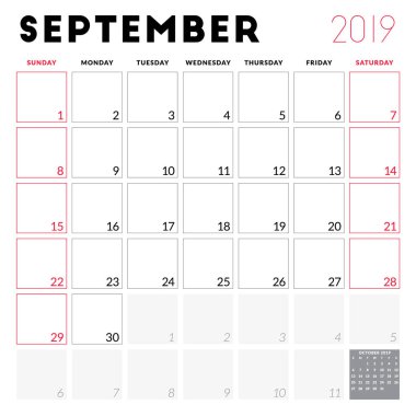 Eylül 2019 için takvim planlayıcısı. Hafta Pazar günü başlar. Yazdırılabilir vektör ileti örneği tasarım şablonu