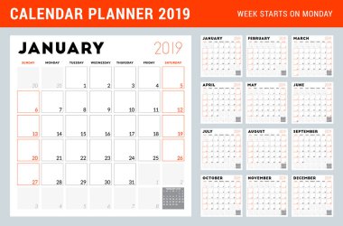 2019 yıl için takvim planlayıcısı. Hafta Pazar günü başlar. 12 ay kümesi. Yazdırılabilir vektör ileti örneği tasarım şablonu