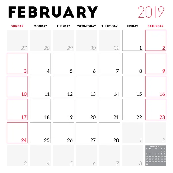 Calendar Planner February 2019 Week Starts Sunday Printable Vector Stationery — Stock Vector