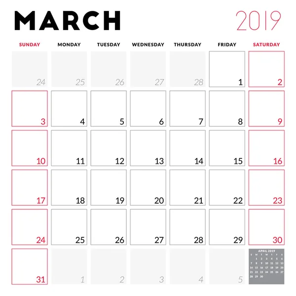 Planejador Calendário Para Março 2019 Semana Começa Domingo Modelo Design — Vetor de Stock