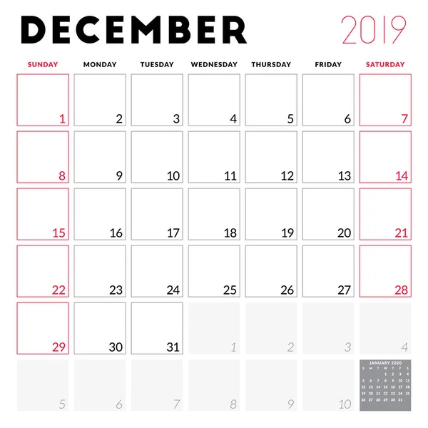 Planificador Calendario Para Diciembre 2019 Semana Comienza Domingo Plantilla Diseño — Archivo Imágenes Vectoriales