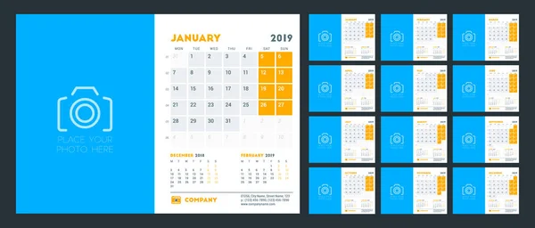Calendario Escritorio Para 2019 Año Plantilla Diseño Con Lugar Para — Vector de stock