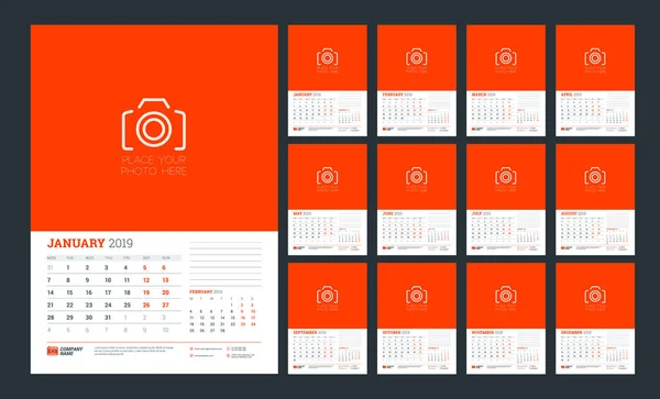 Wandkalender Planer Vorlage Für Das Jahr 2019 Die Woche Beginnt — Stockvektor