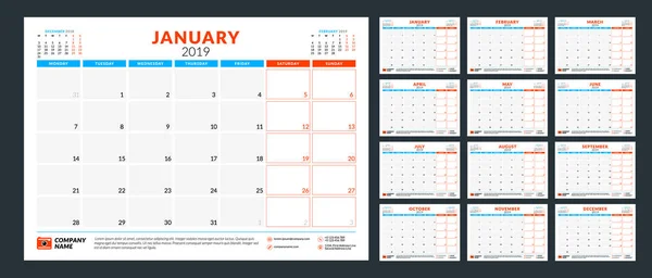 Ημερολόγιο Για Σχεδιασμό Για Έτος 2019 Εβδομάδα Ξεκινά Δευτέρα Σετ — Διανυσματικό Αρχείο